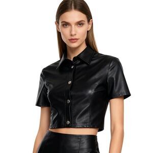 PU Leather Button Down Short Sleeve Crop Top, MEDIUM, 8O146T006